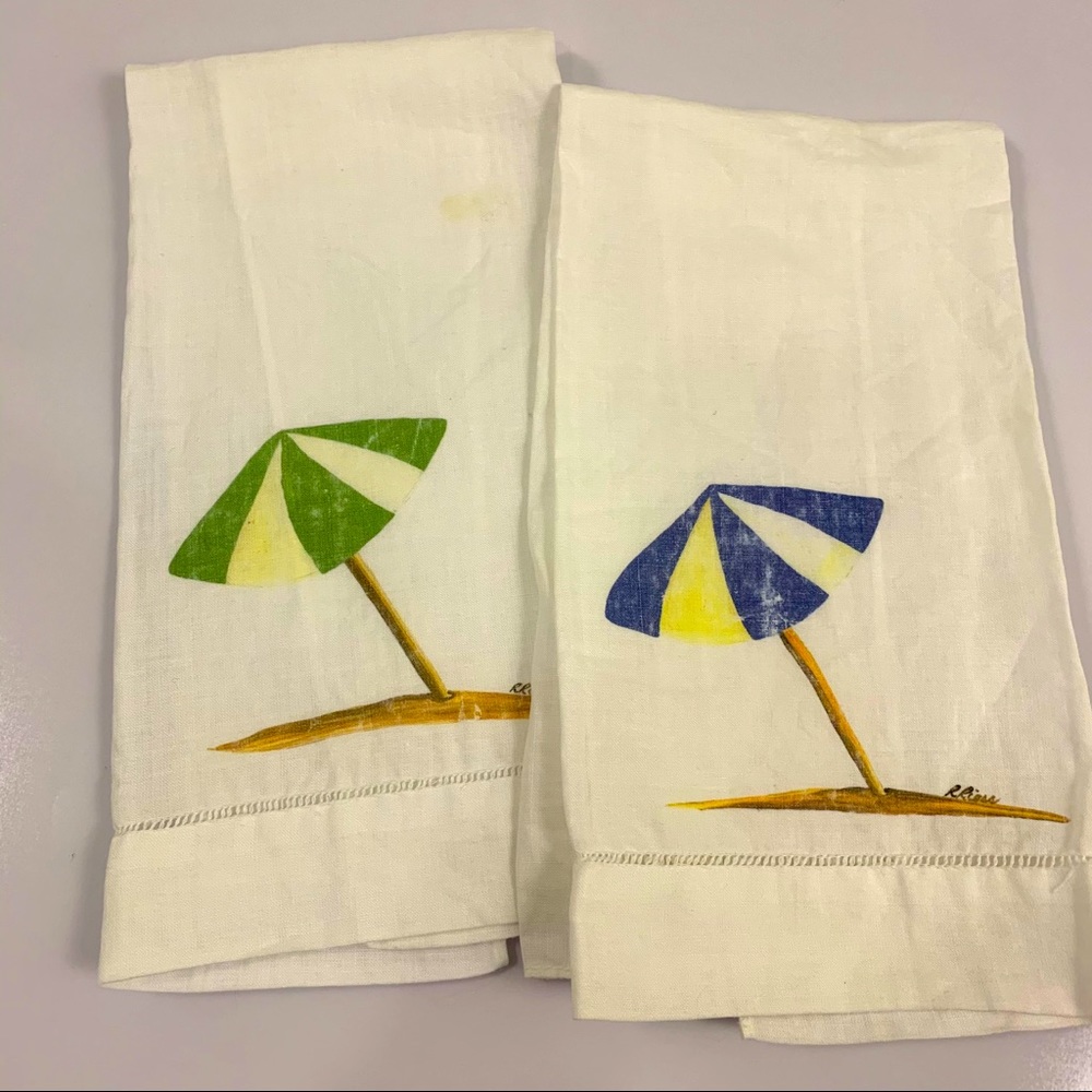 Vintage linen seashore embroidered guest towels